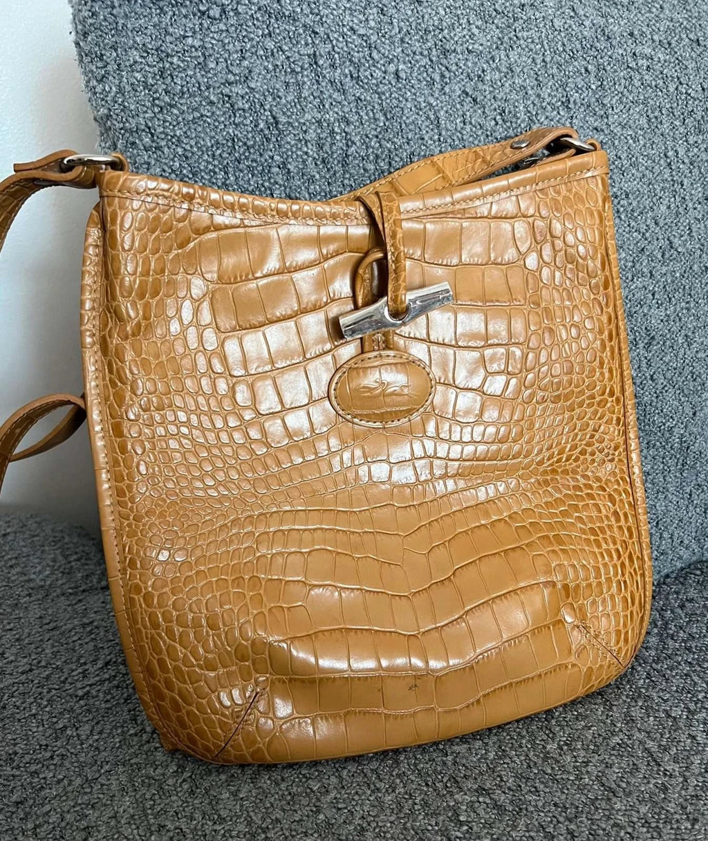 Longchamp roseau croco beige mustard leather crossbody bag - view 4
