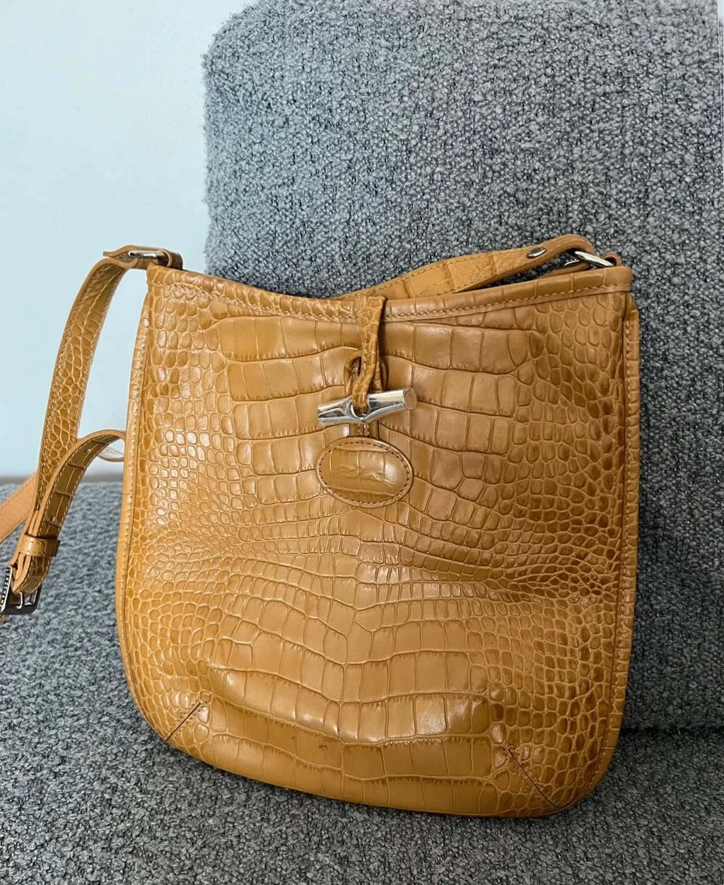 Longchamp roseau croco beige mustard leather crossbody bag