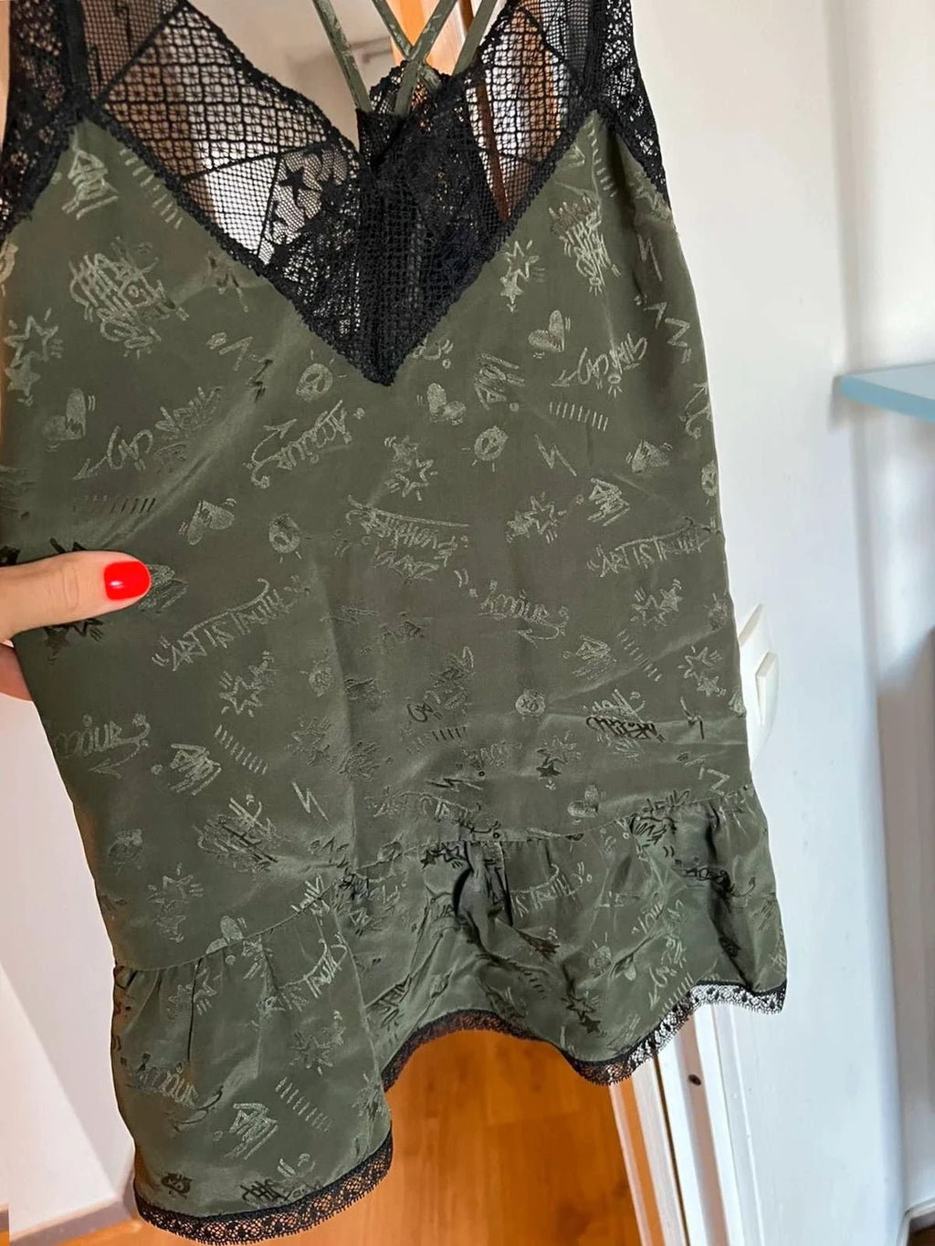 Zadig & Voltaire silk green khaki lace top - view 4