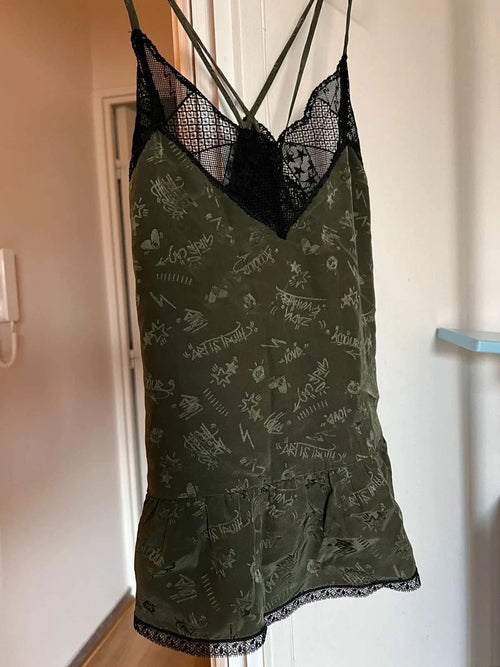 Zadig & Voltaire silk green khaki lace top