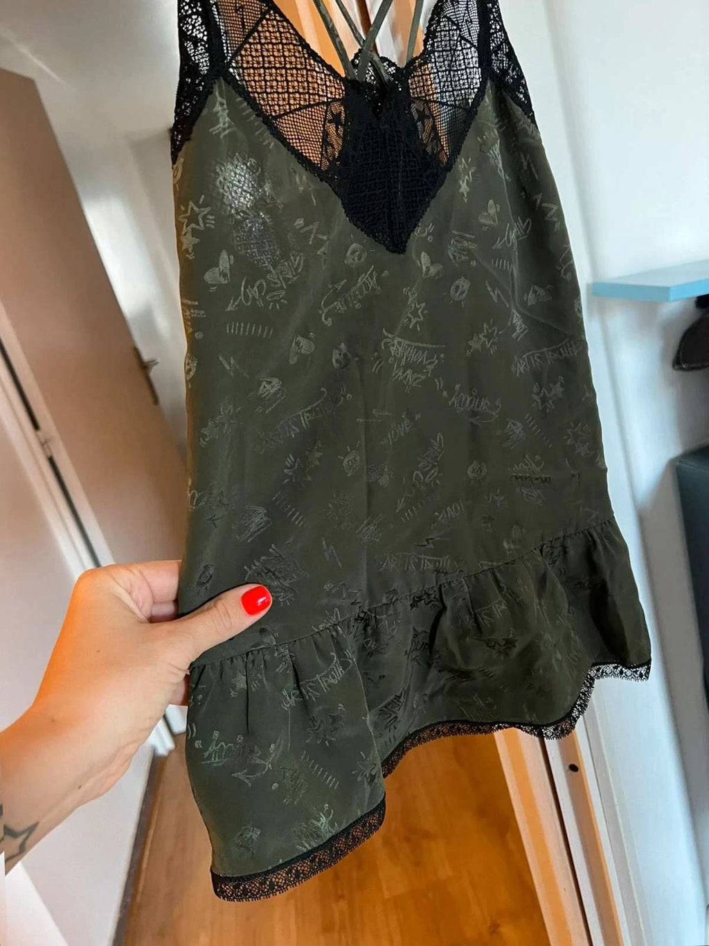 Zadig & Voltaire silk green khaki lace top - view 3