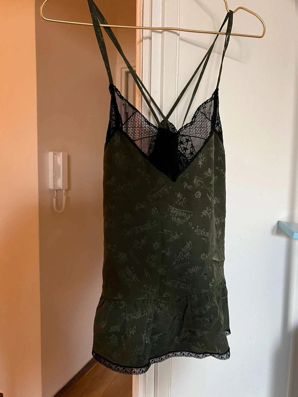 Zadig & Voltaire silk green khaki lace top - view 2