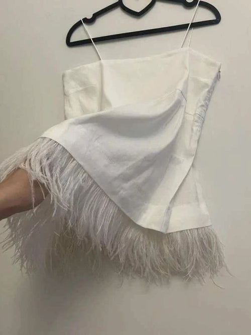 Naja Lauf white linen viscose top with ostrich feather