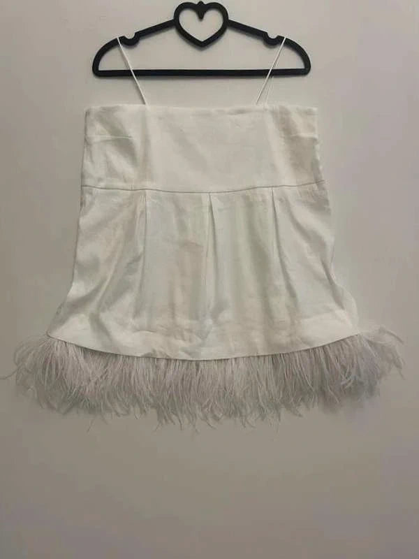 Naja Lauf white linen viscose top with ostrich feather - view 2