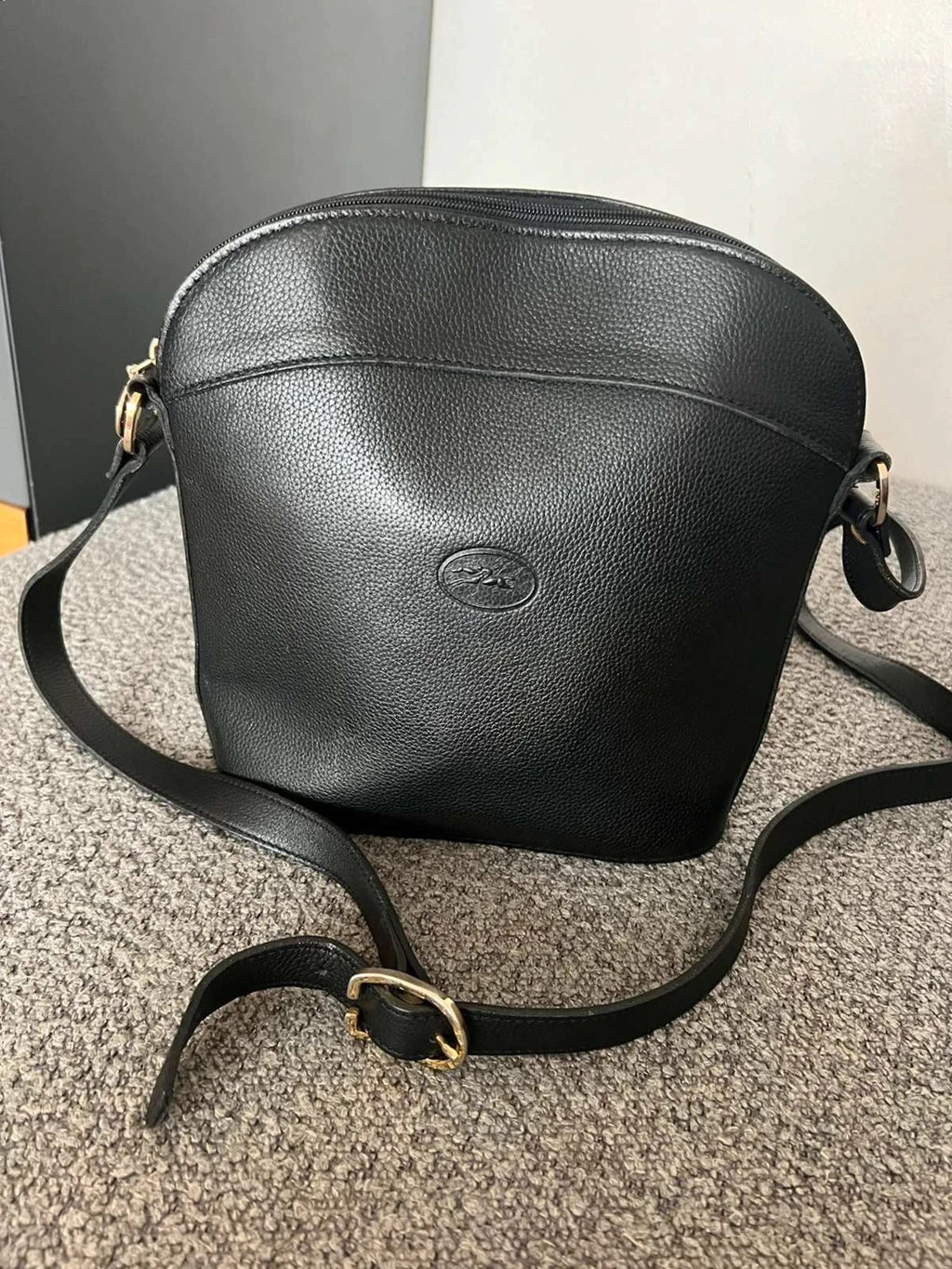 Longchamp black vintage leather crossbody shoulder bag