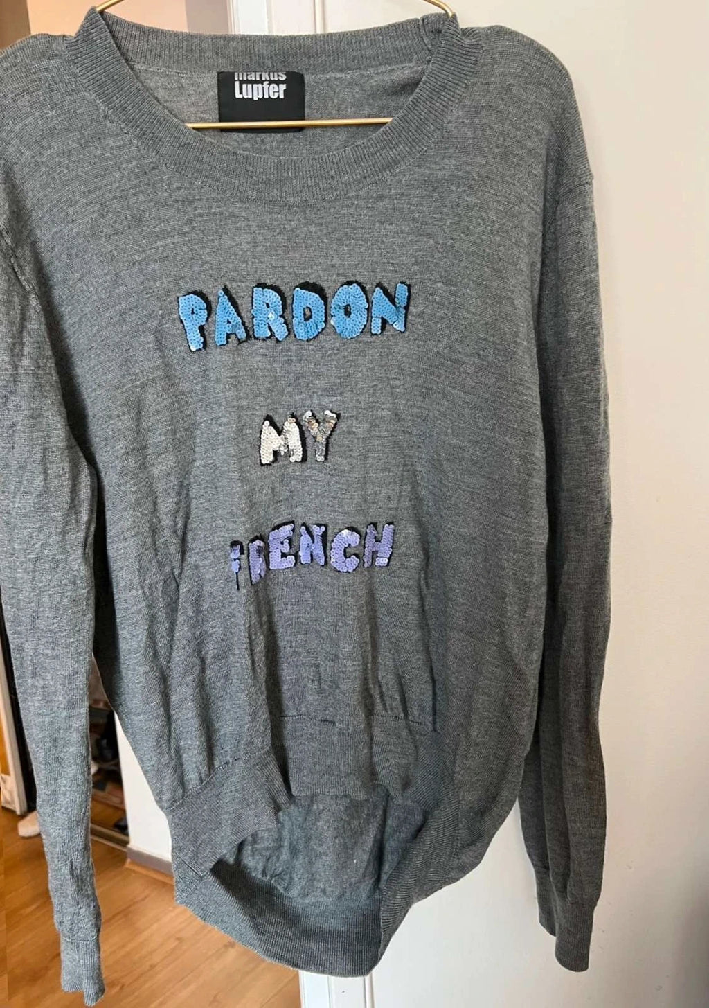 Markus Lupfer grey wool sweater Pardon my French sequin decoration