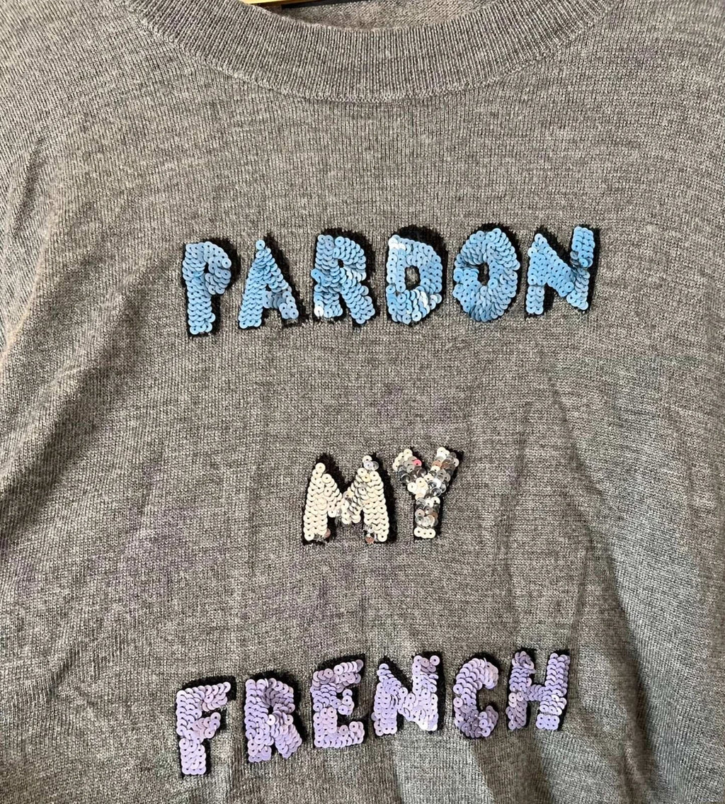 Markus Lupfer grey wool sweater Pardon my French sequin decoration - view 2