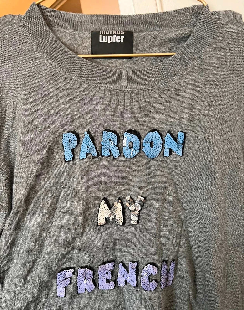 Markus Lupfer grey wool sweater Pardon my French sequin decoration - view 4
