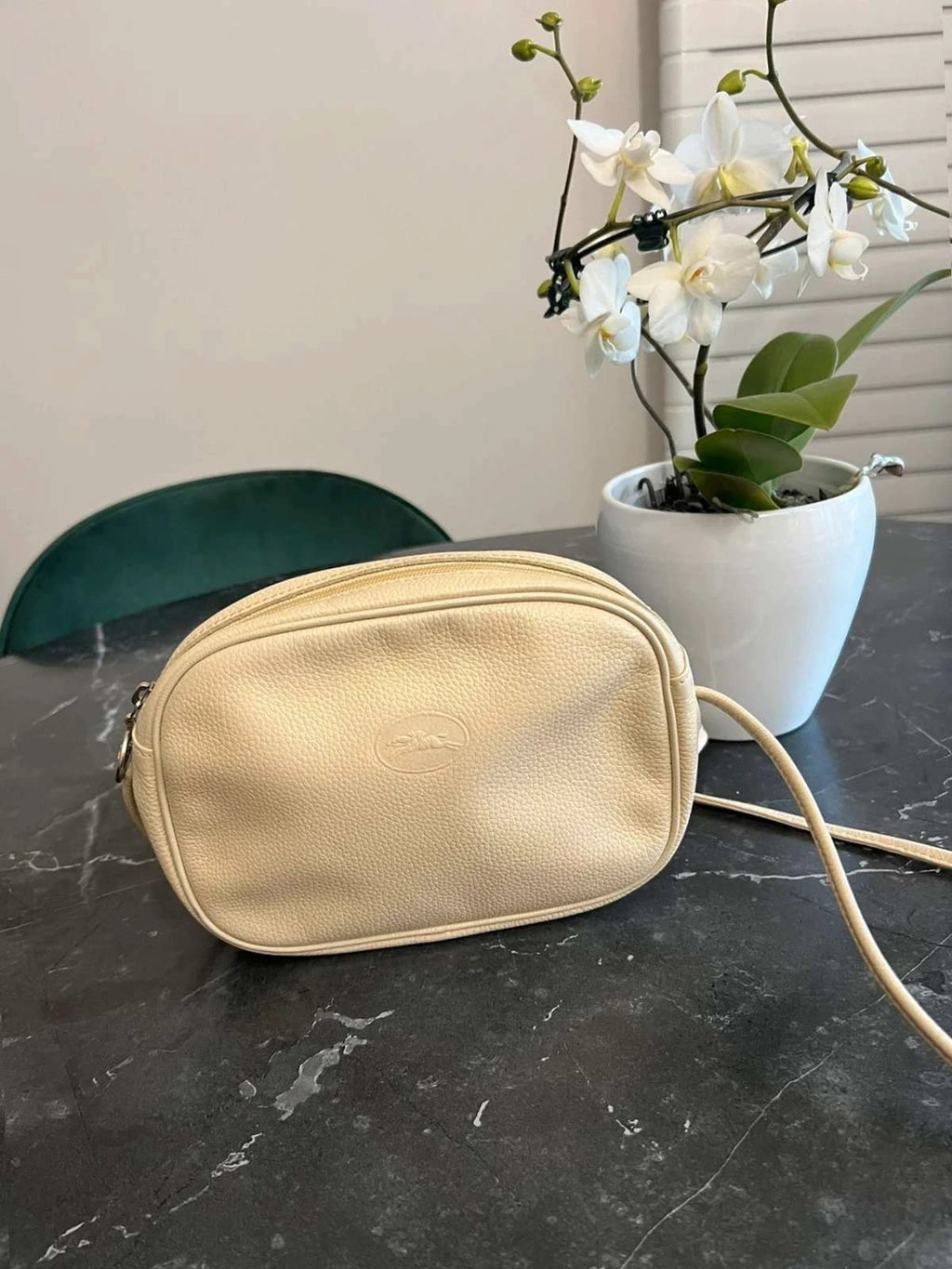 Longchamp ecru leather vintage crossbody bag