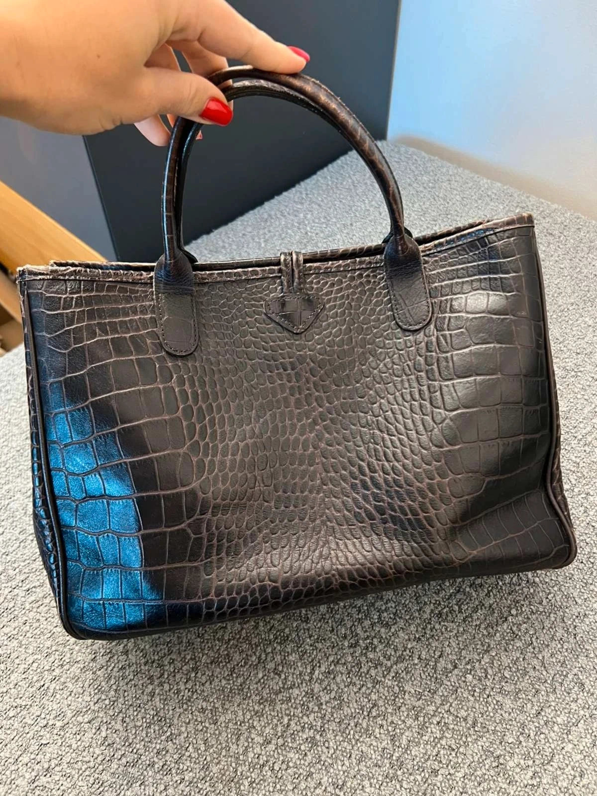 Longchamp roseau croco chocolate brown leather bag - view 5