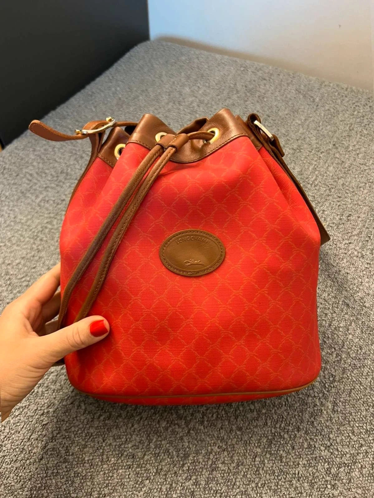 Longchamp red canvas vintage bucket bag