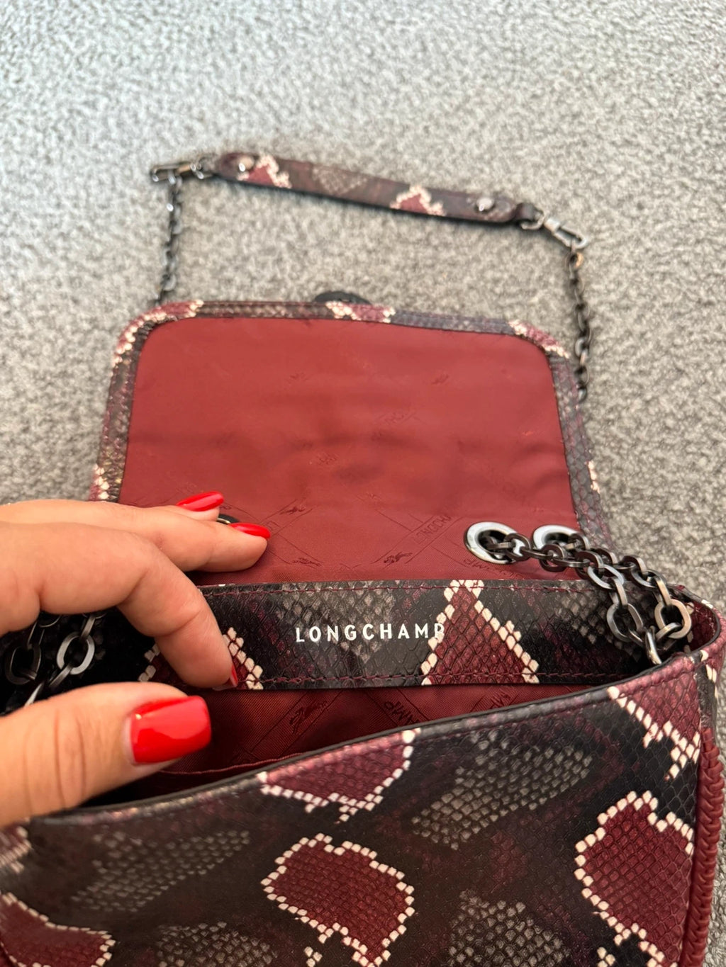 Longchamp burgundy amazone leather snake print crossbody shoulder bag - view 8