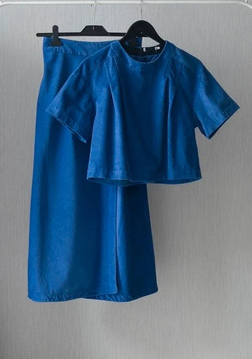 Three Graces London blue cotton velvet set wrap skirt top
