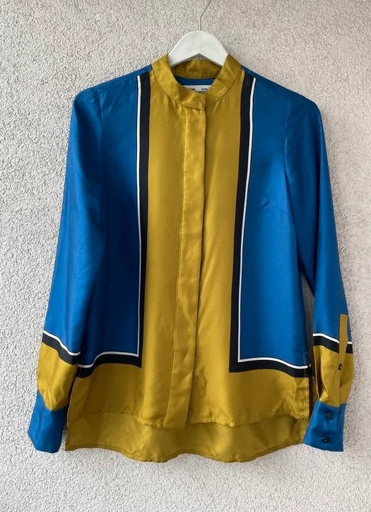 Diane von Furstenberg mustard blue silk shirt