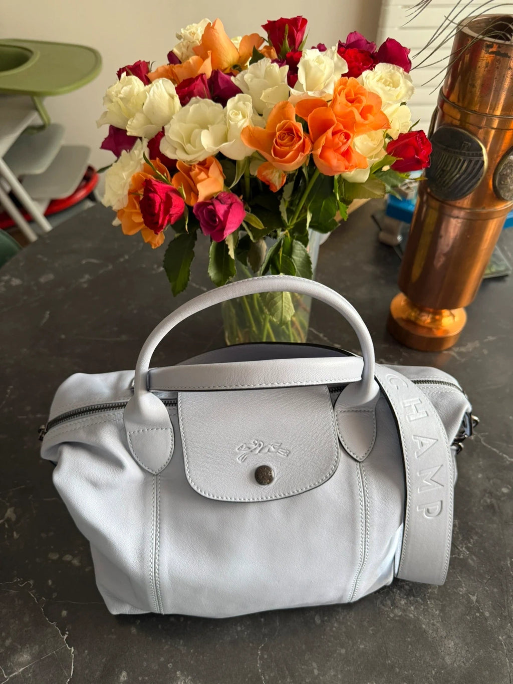 Longchamp le pliage blue leather small bag