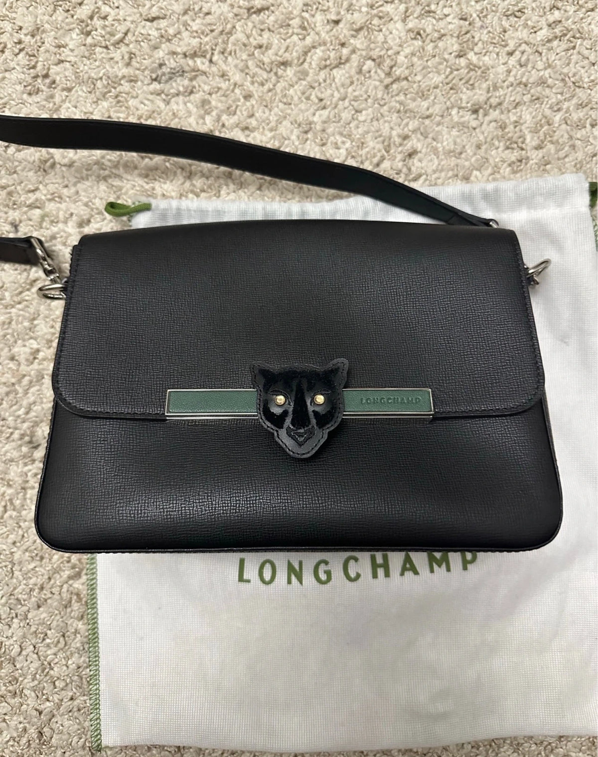 Longchamp black panther leather crossbody bag limited edition