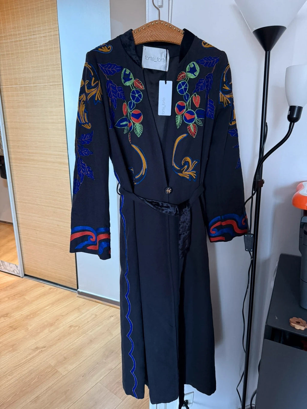 Forte Forte black embroidered cotton wool belted coat