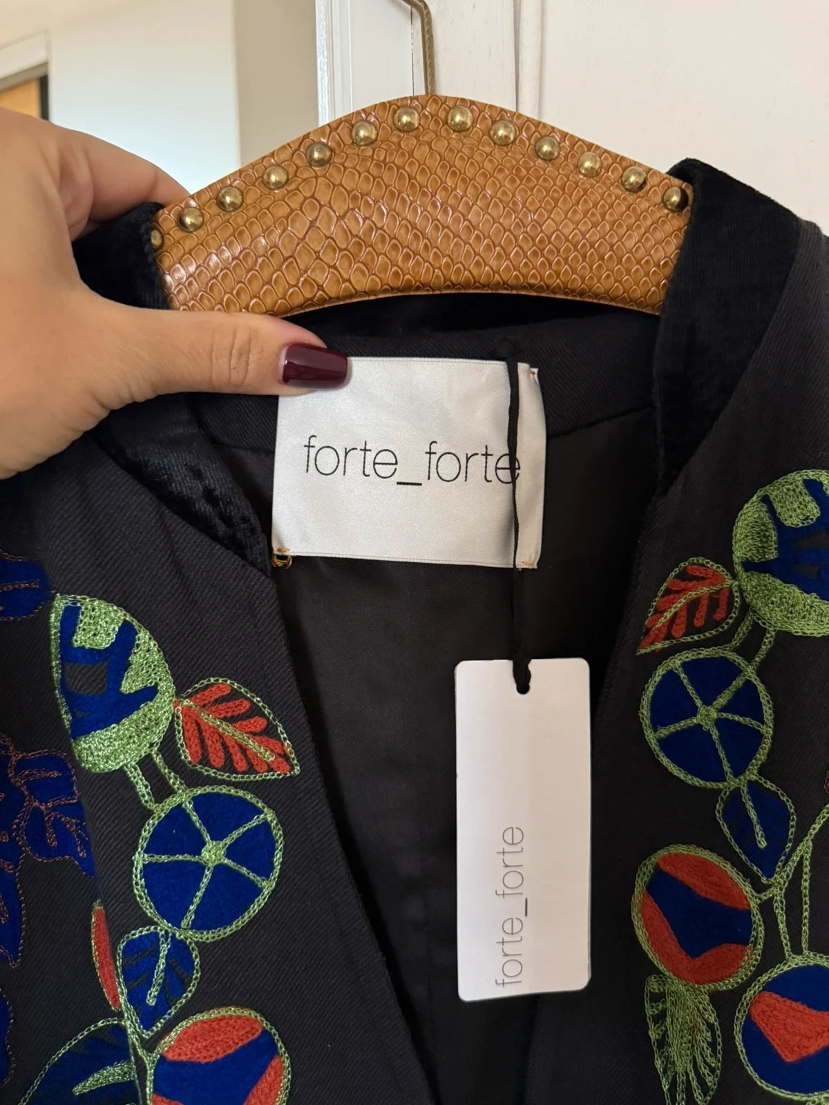 Forte Forte black embroidered cotton wool belted coat - view 2