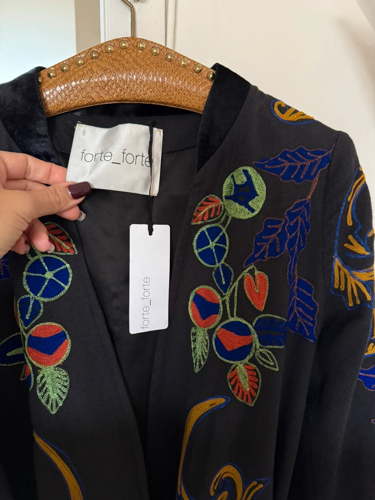 Forte Forte black embroidered cotton wool belted coat - view 3