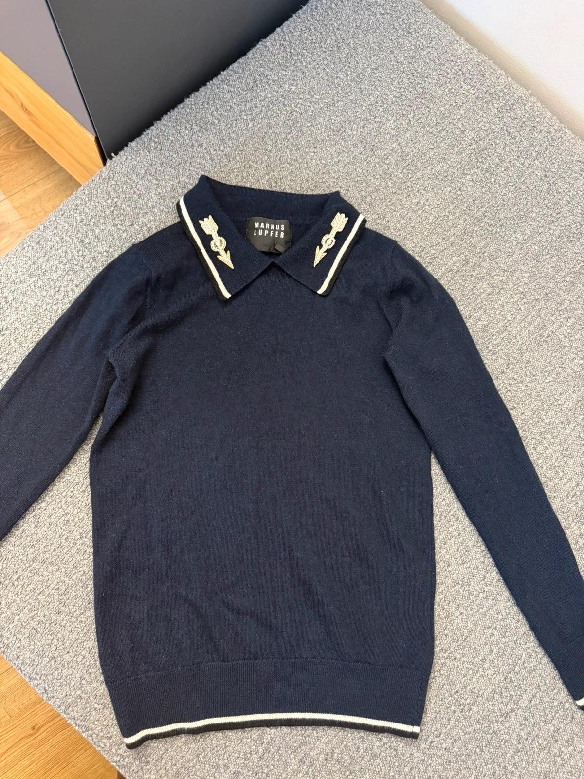 Markus Lupfer navy wool jumper with pearl embroidery