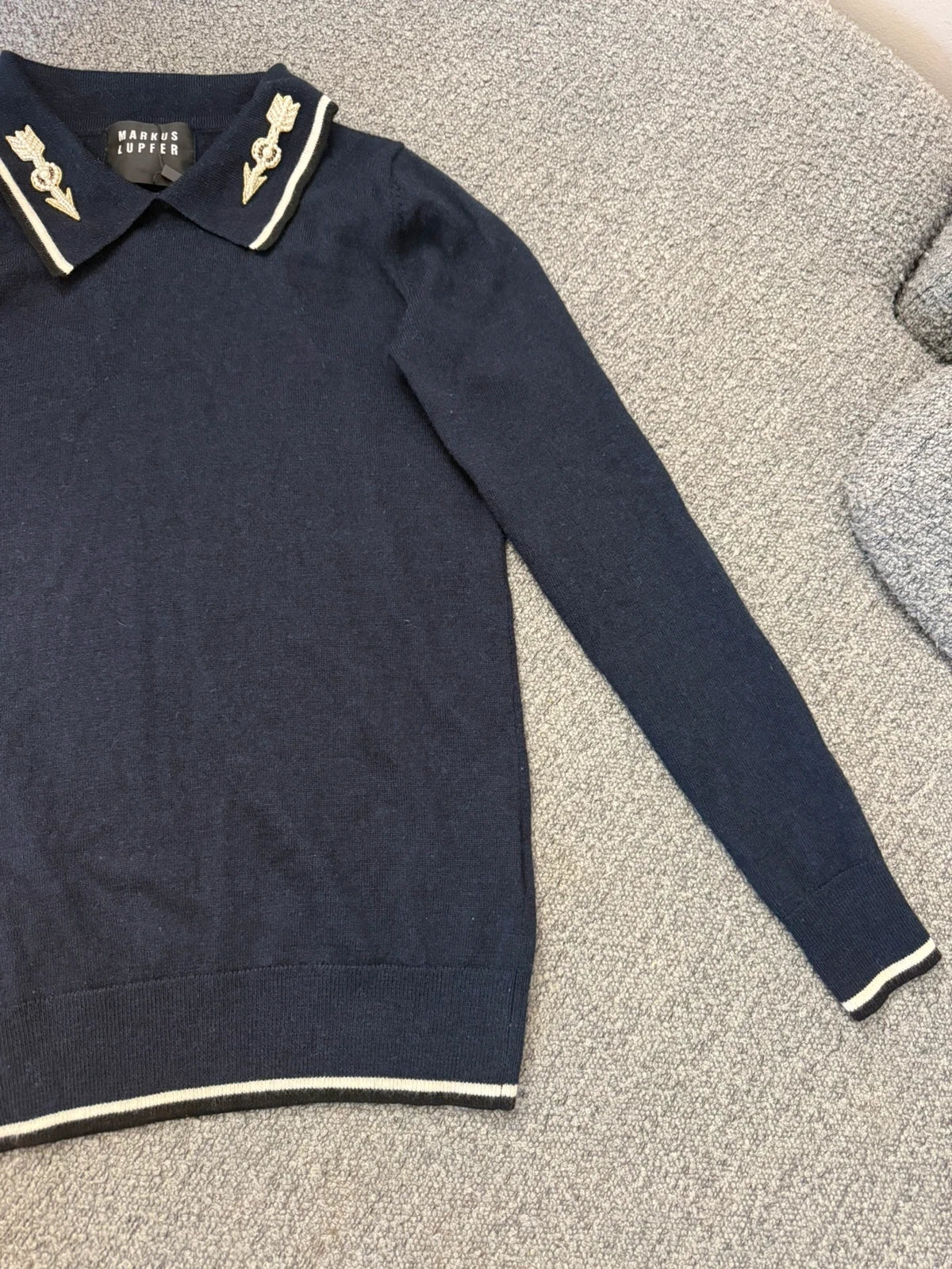 Markus Lupfer navy wool jumper with pearl embroidery - view 2