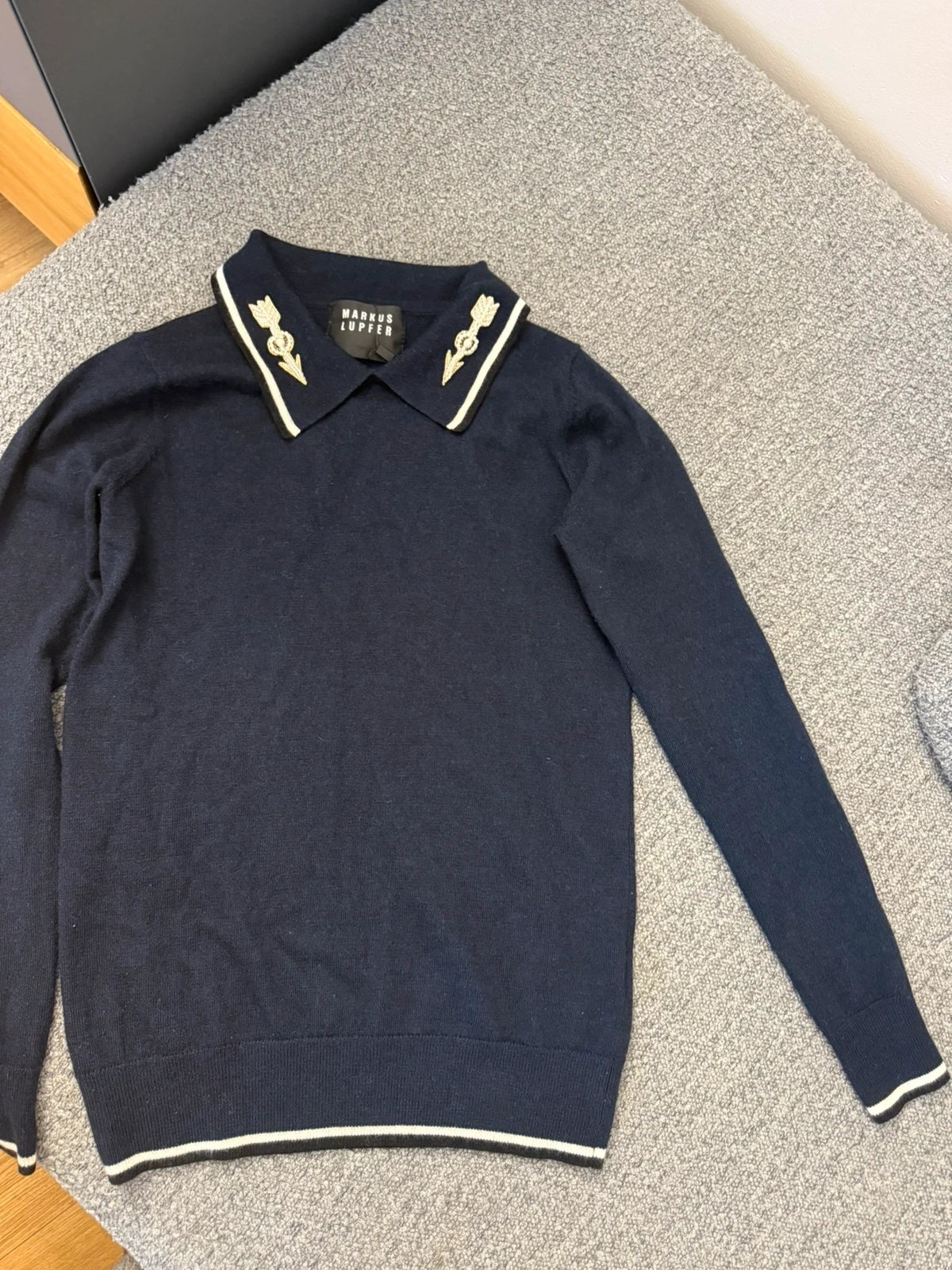Markus Lupfer navy wool jumper with pearl embroidery - view 9