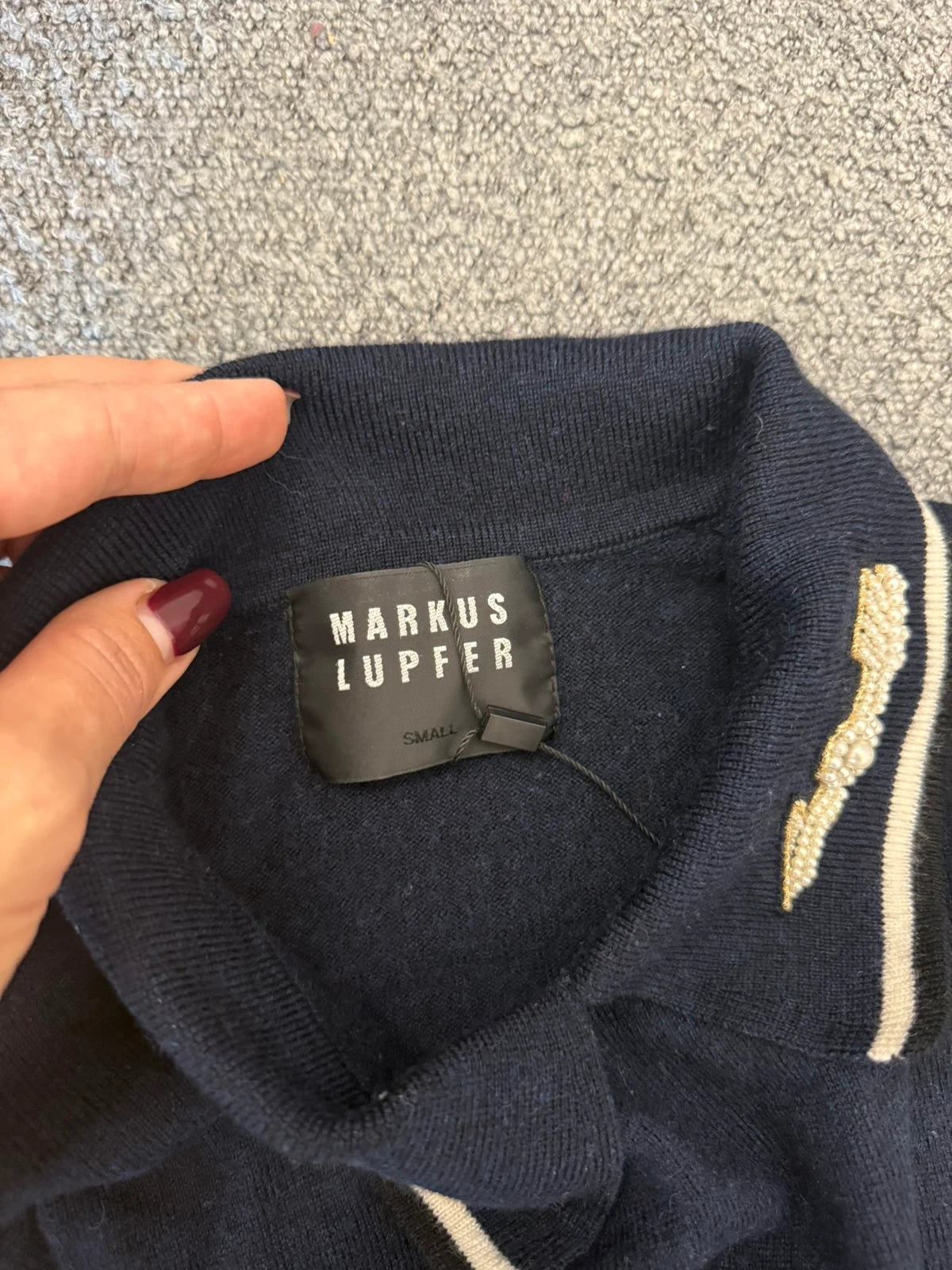 Markus Lupfer navy wool jumper with pearl embroidery - view 5