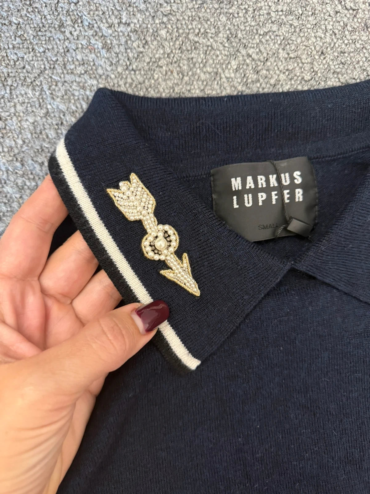 Markus Lupfer navy wool jumper with pearl embroidery - view 4