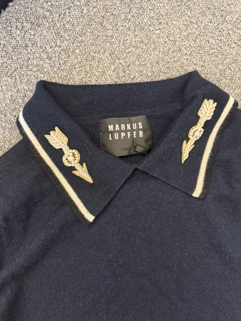 Markus Lupfer navy wool jumper with pearl embroidery - view 3