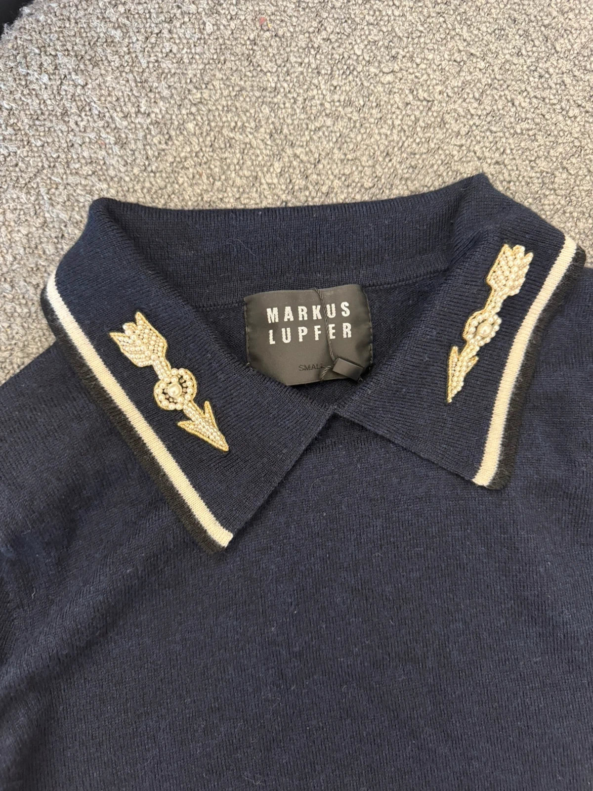 Markus Lupfer navy wool jumper with pearl embroidery - view 3