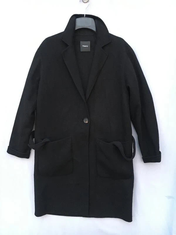 Theory black wool cashmere belted coat - view 5