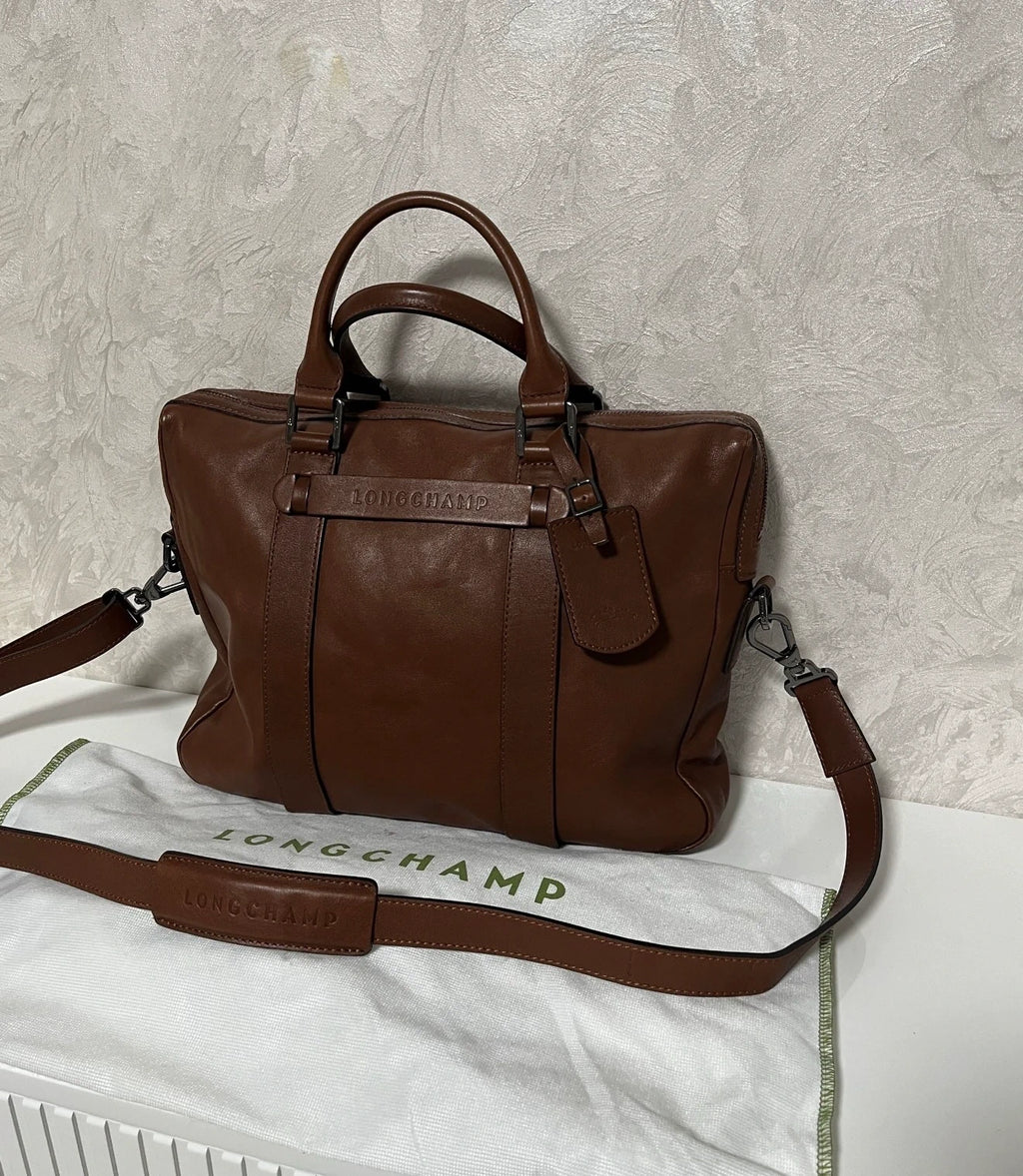 Longchamp 3D new brown leather laptop bag briefcase