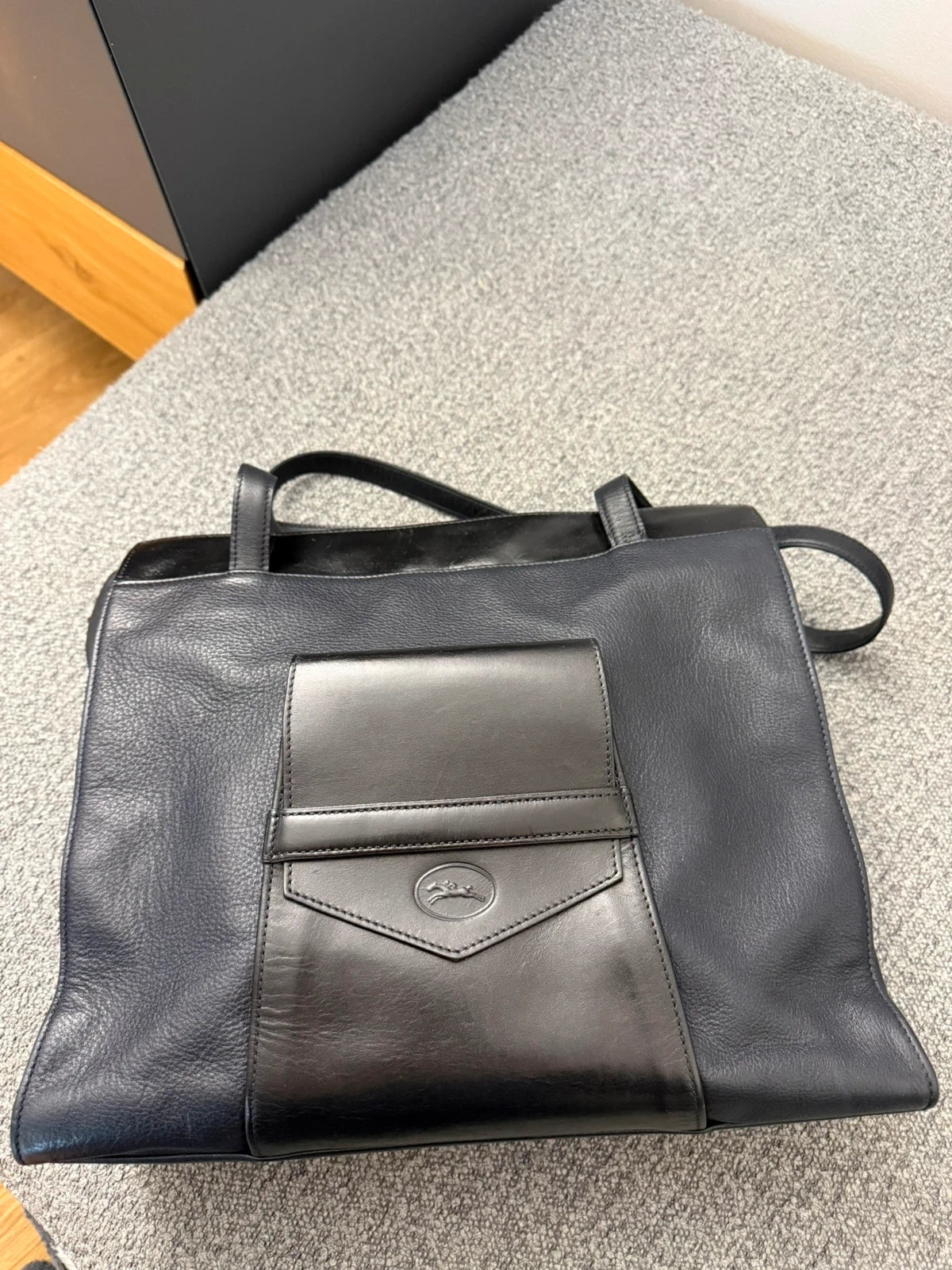 Longchamp vintage navy blue and black leather shoulder bag - view 9