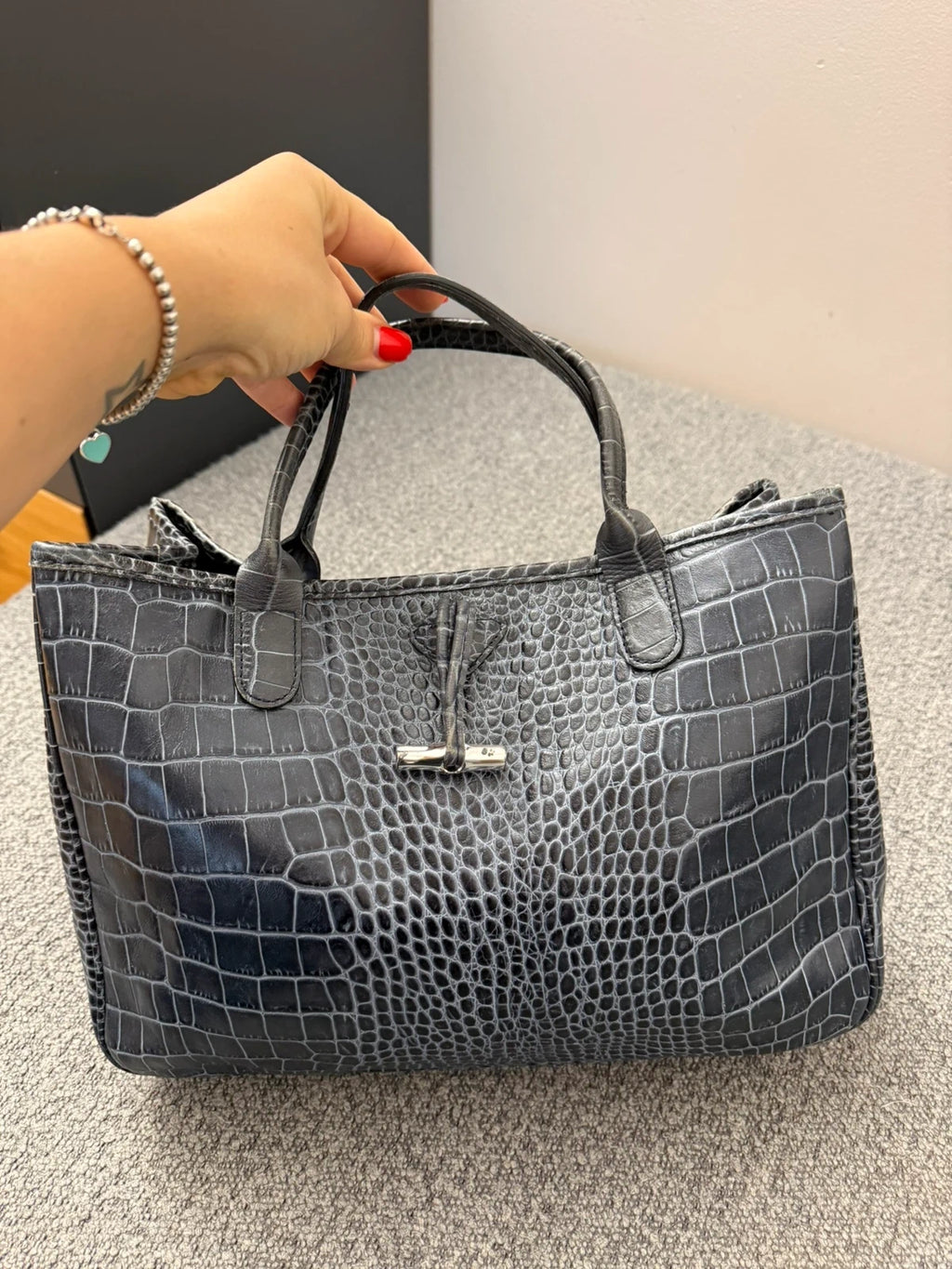 Longchamp roseau croco blue leather handbag - view 6