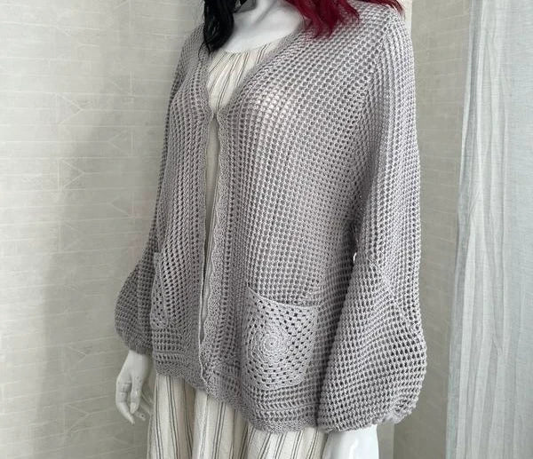 Hemisphere cotton silk cashmere blend grey hand knitted cardigan - view 4