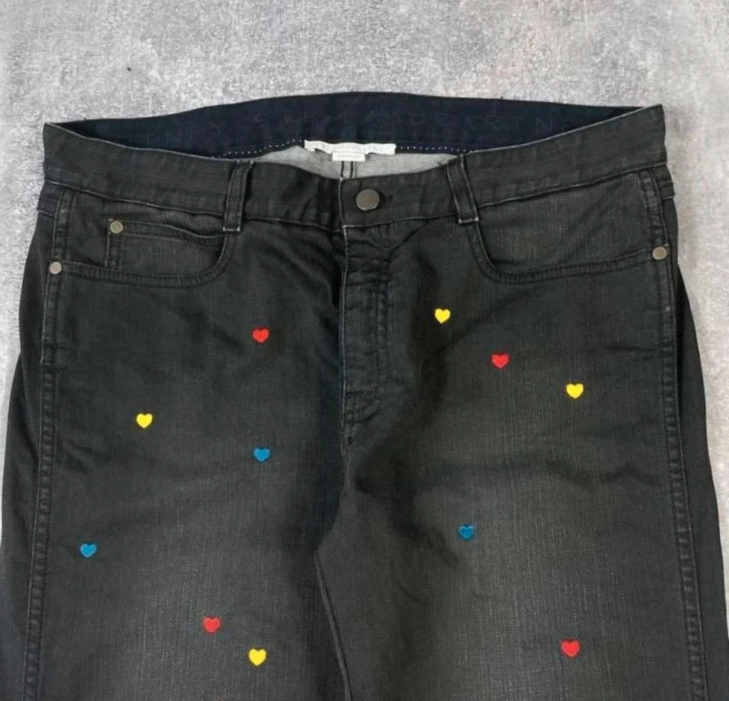 Stella McCartney black jeans with embroidered colourful hearts - view 9