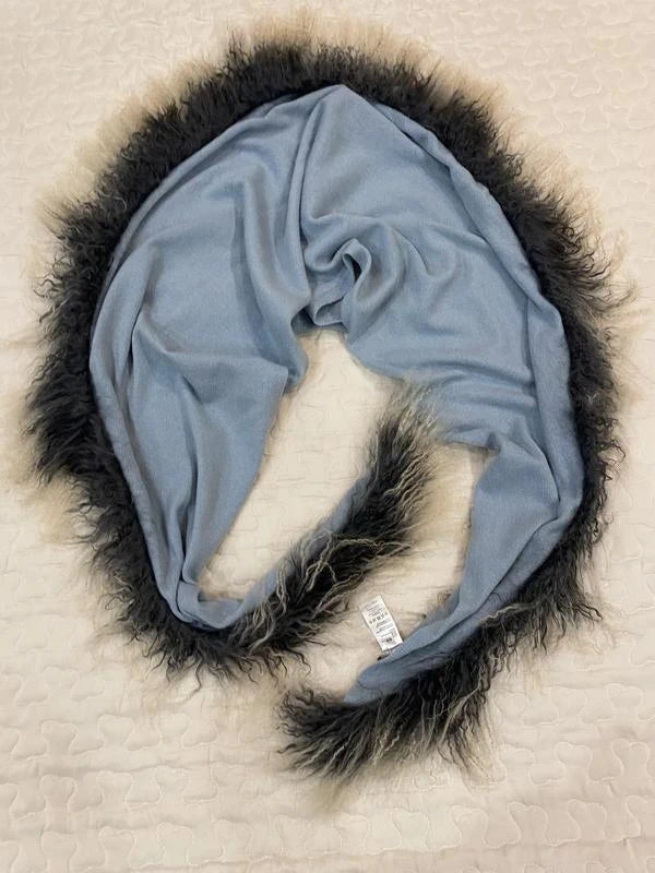 Hemisphere blue cashmere scarf with Mongolian sheep fur