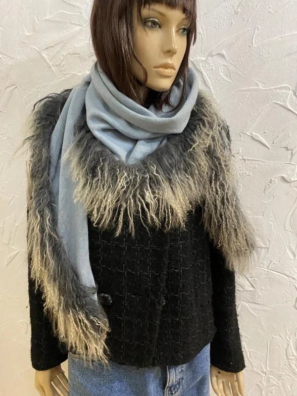 Hemisphere blue cashmere scarf with Mongolian sheep fur - view 7