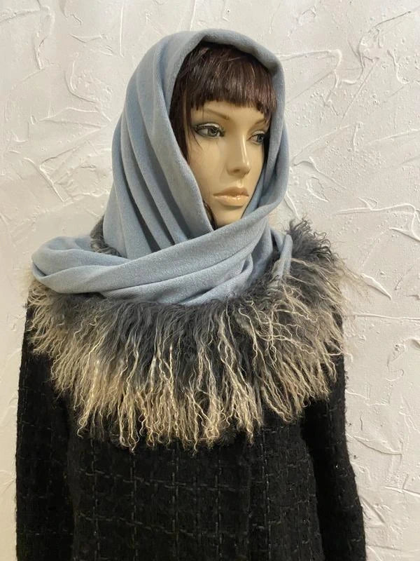 Hemisphere blue cashmere scarf with Mongolian sheep fur - view 5