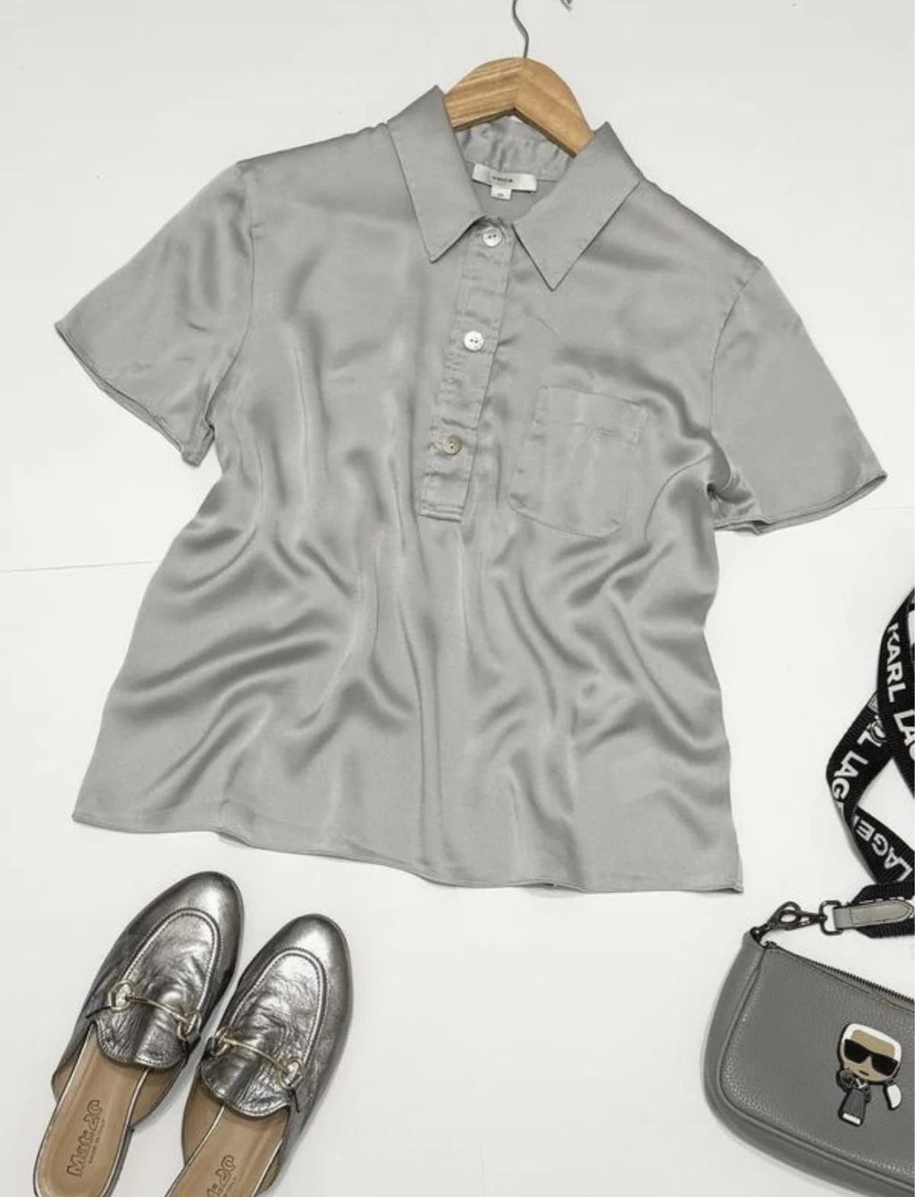 Vince grey silver silk polo shirt