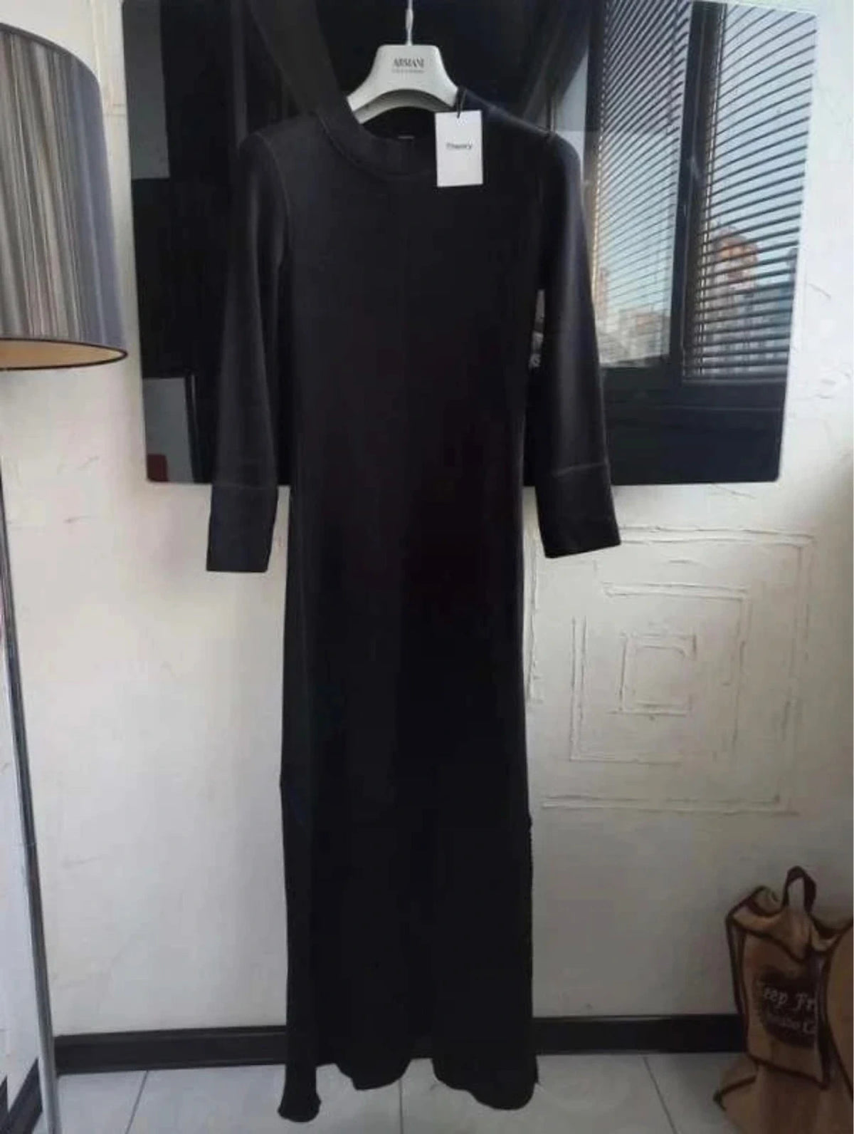 Theory rib flounce dress new black wool long rib knit dress