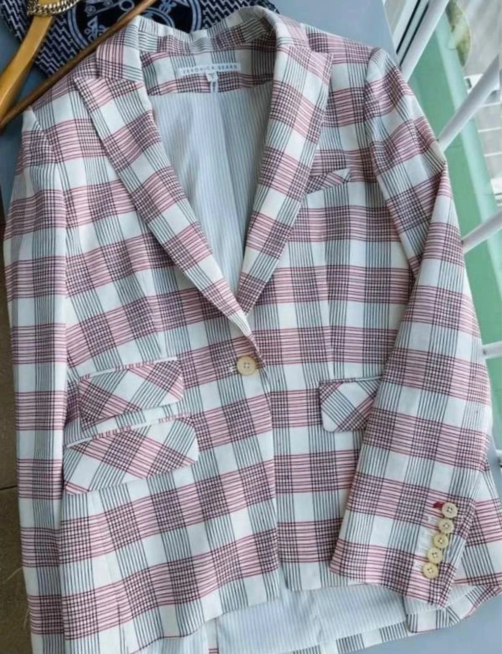 Veronica Beard viscose linen blend pink tartan blazer
