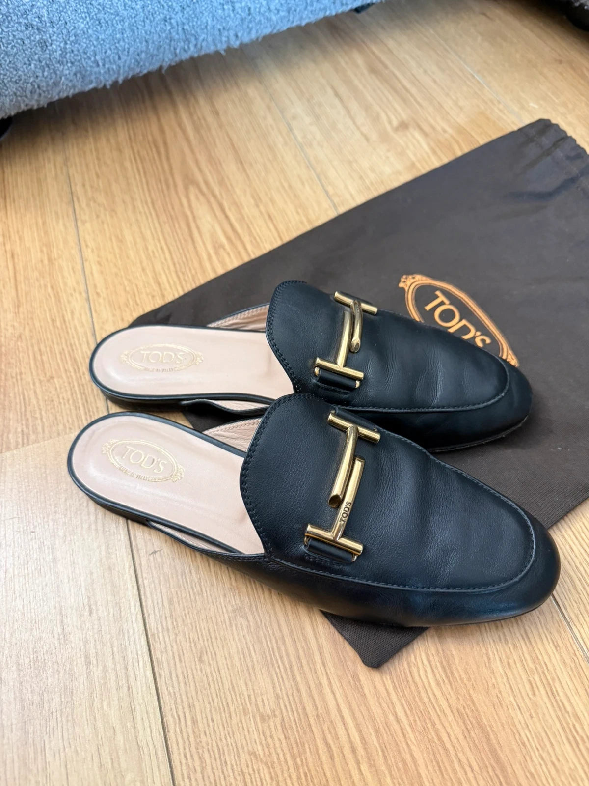 Tod's double T black leather mules