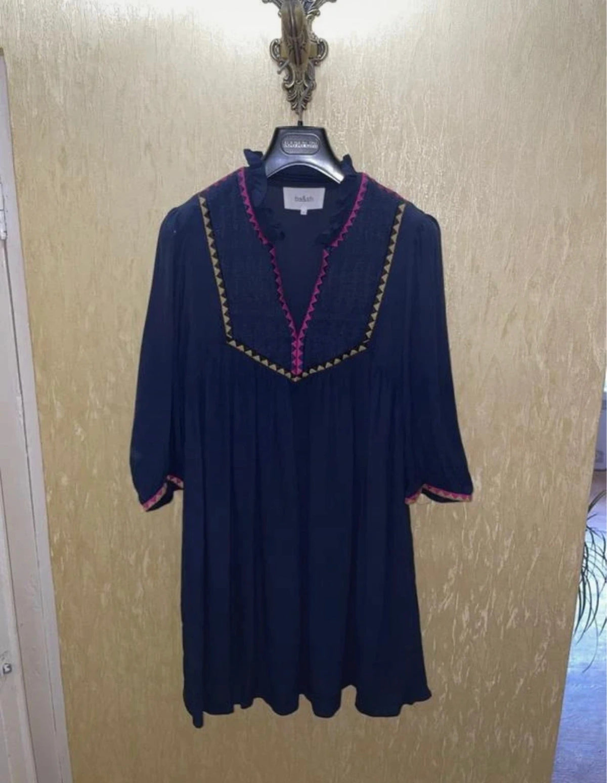 Ba&sh navy blue embroidered viscose dress