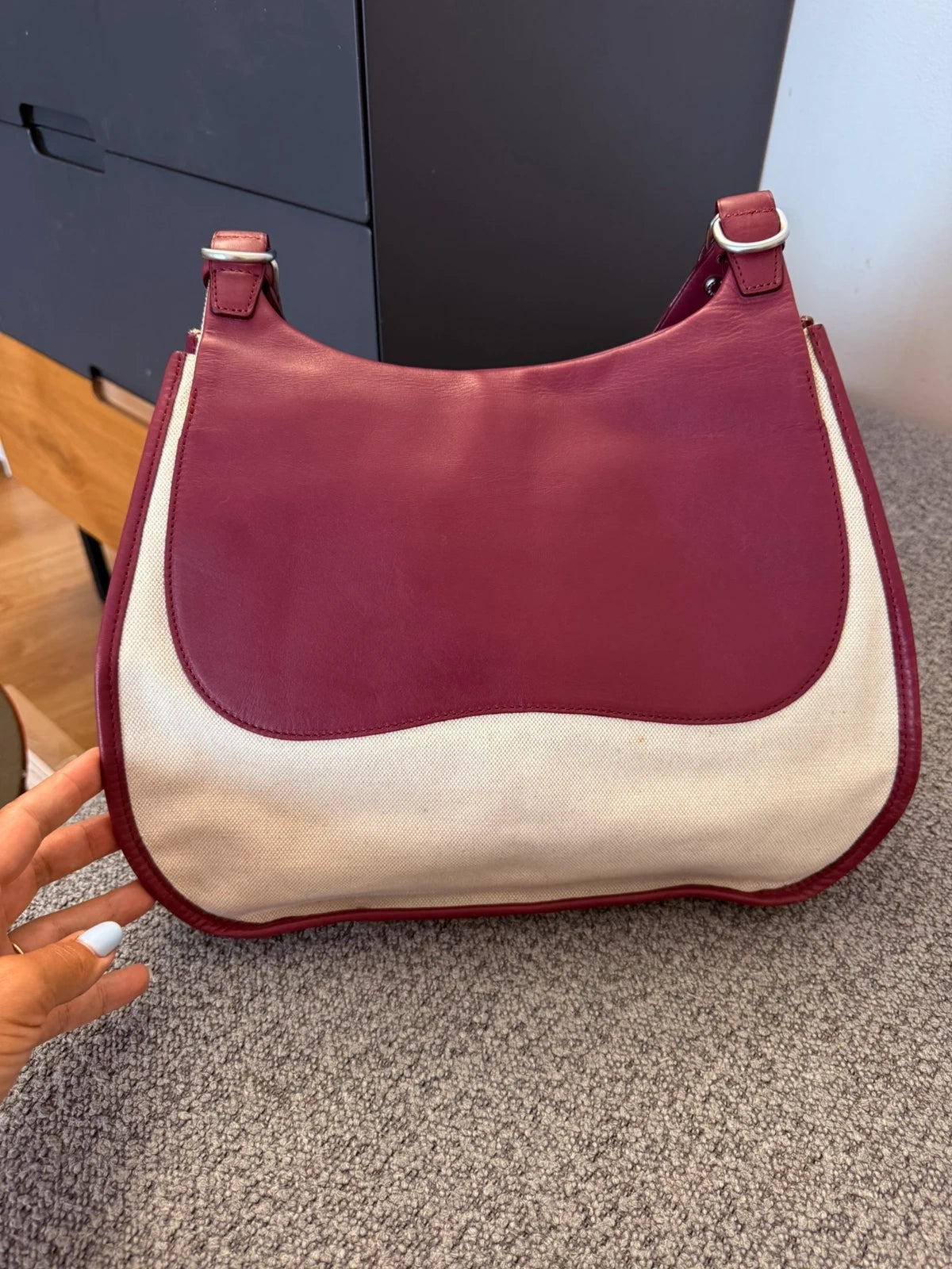 Longchamp balzane burgundy leather white fabric big bag