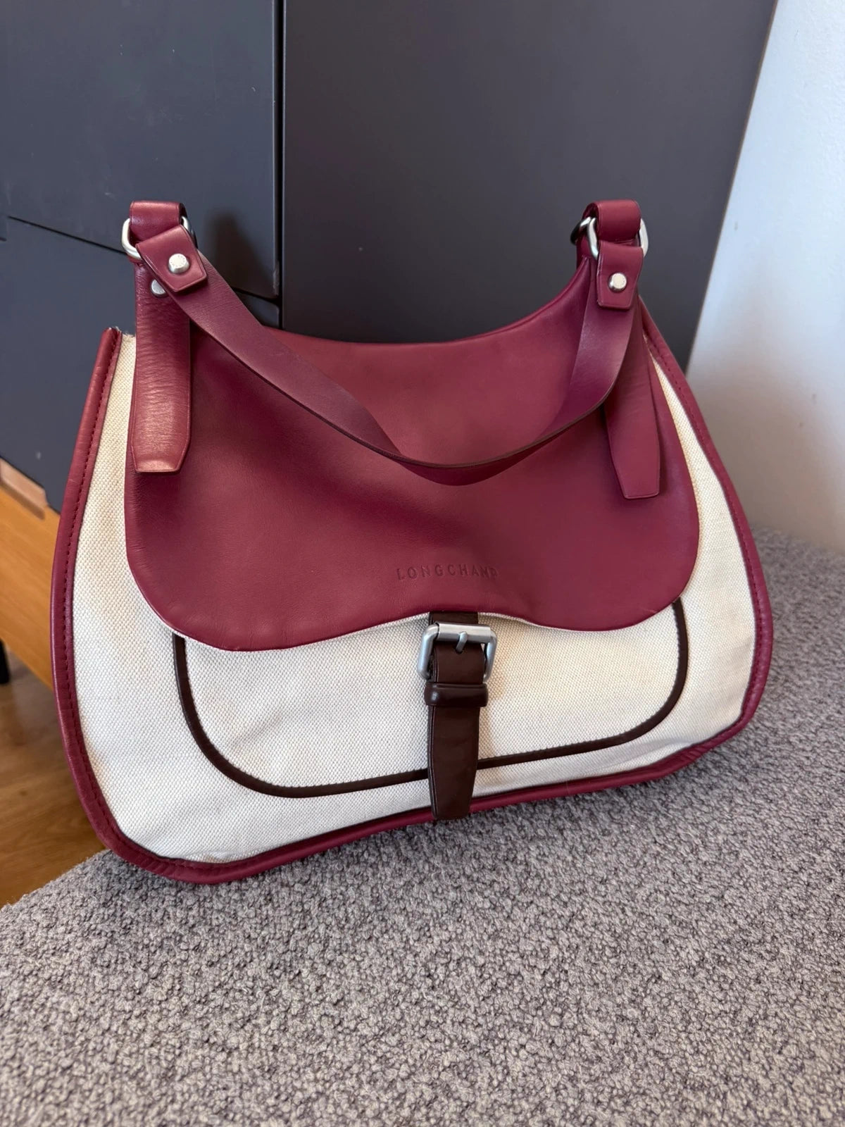 Longchamp balzane burgundy leather white fabric big bag - view 2