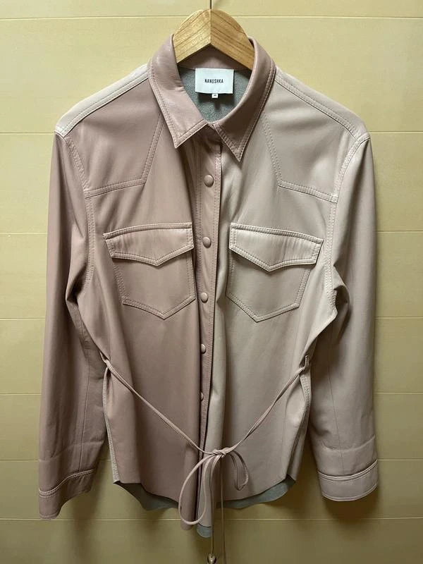 Nanushka two-tone pink vegan leather belted shirt