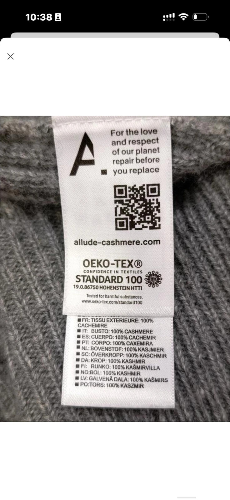 Allude grey 100% cashmere turtleneck sweater
