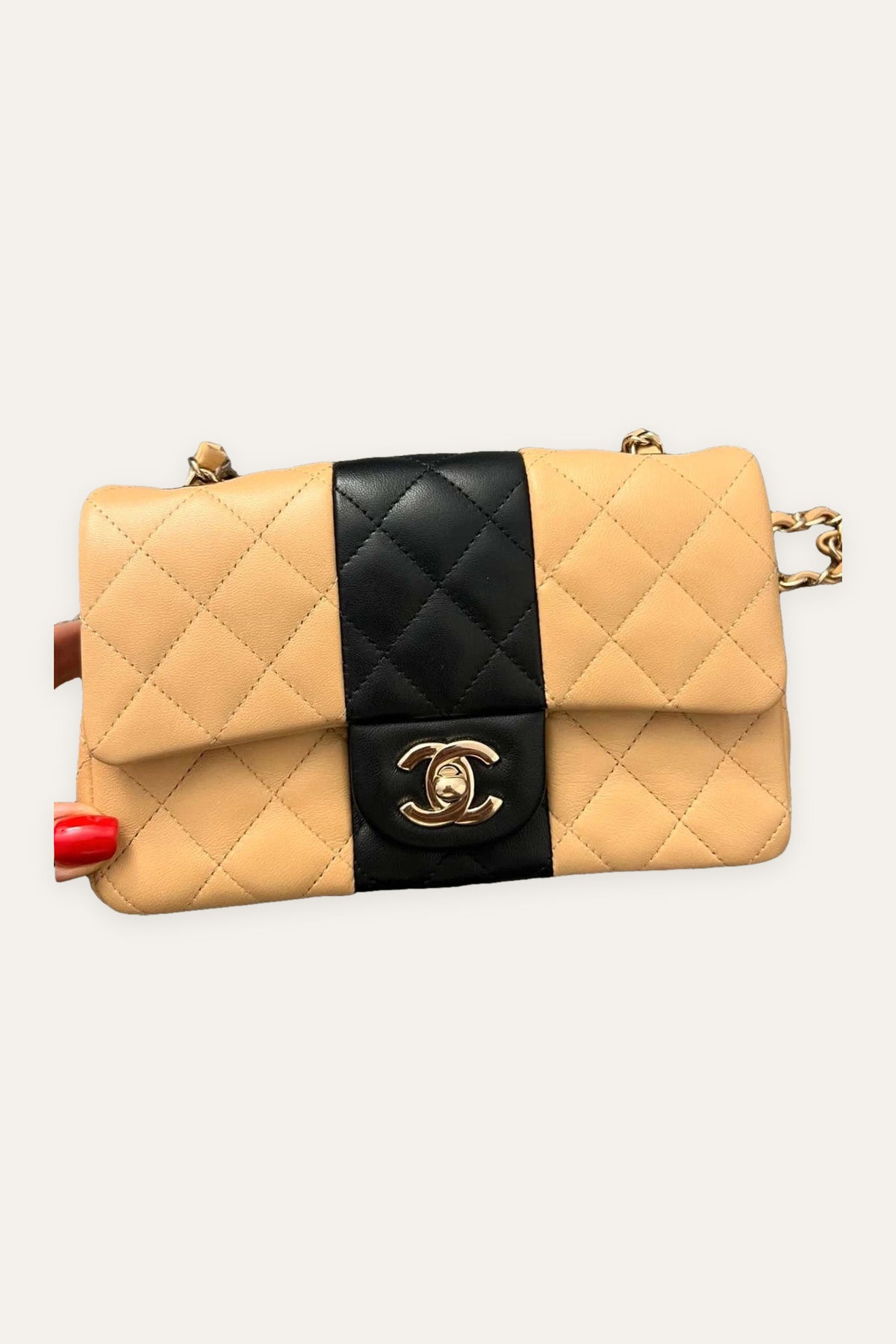Chanel rare bicolor beige and black quilted leather mini crossbody bag