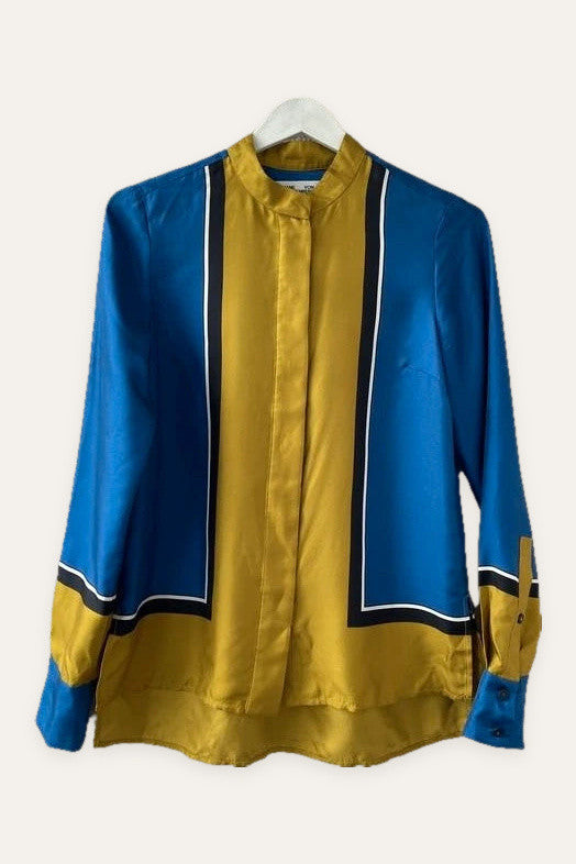 Diane von Furstenberg mustard blue silk shirt